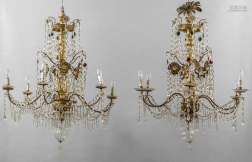 Coppia di lampadari Luigi XVI a sei luci, fusto