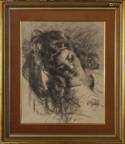 "Profilo di giovane donna" carboncino e