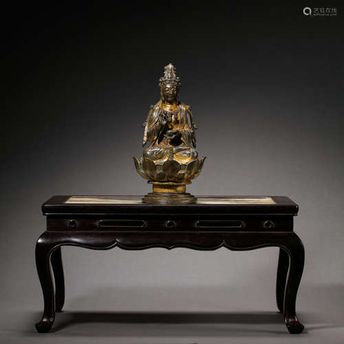 CHINESE LIAO BRONZE GILDING BUDDHA SITTING STATUE