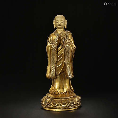 CHINESE QING DYNASTY BRONZE GILDING BUDDHA STATION STATUE