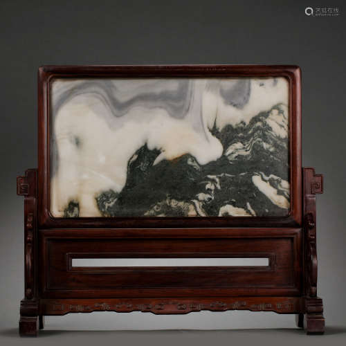 CHINESE QING DYNASTY ROSEWOOD MOSAIC MARBLE SCREEN