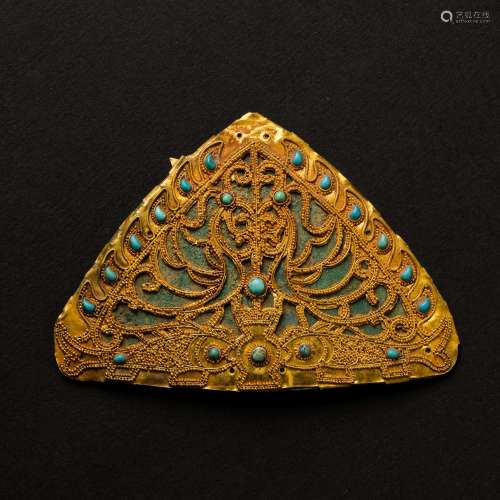 CHINESE JIN DYNASTY PURE GOLD BRAND INLAID WITH TURQUOISES