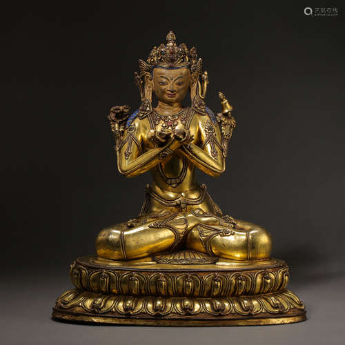 CHINESE QING DYNASTY GILT BRONZE TIBETAN BUDDHA SITTING STAT...