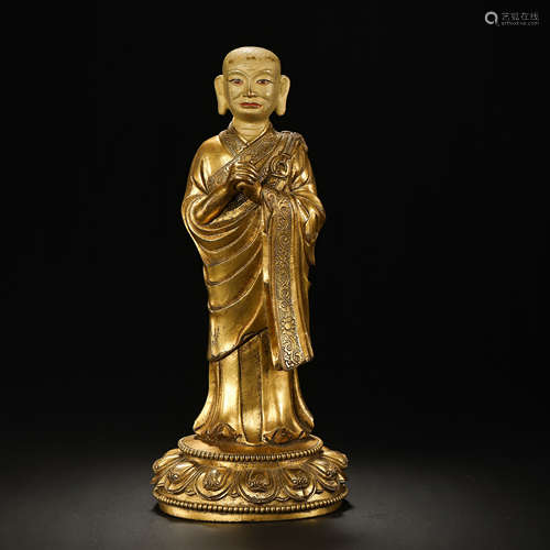 CHINESE QING DYNASTY BRONZE GILDING BUDDHA STATION STATUE