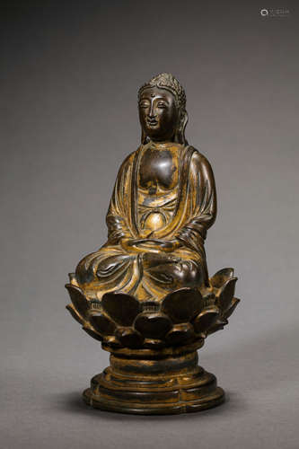 CHINESE LIAO BRONZE GILDING BUDDHA SITTING STATUE