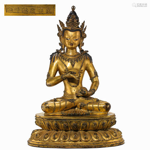 CHINESE QING DYNASTY BRONZE GILDING BUDDHA SITTING STATUE