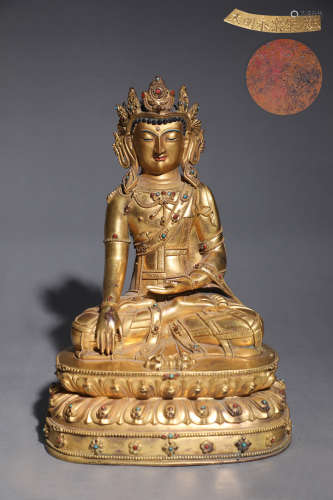 明精铸铜胎鎏金宝冠释迦牟尼佛坐像