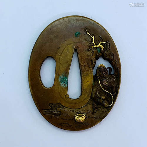 Japan Bronze And Gold Tsuba - Man With Ox