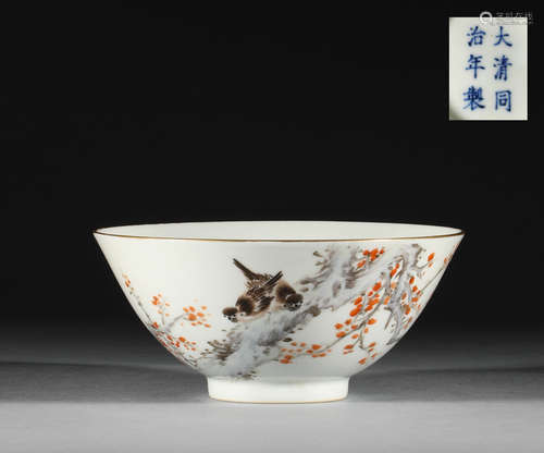 Qing Dynasty, light crimson colored flower and bird bowl