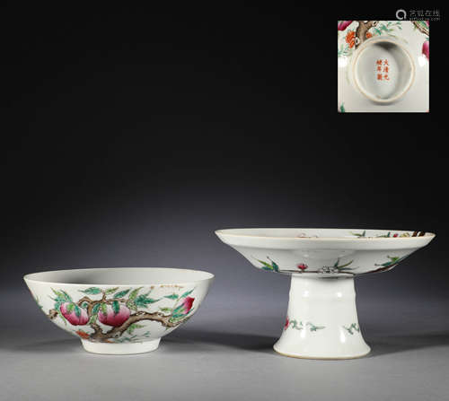 Qing Dynasty, pastel longevity peach pattern high foot cup, ...