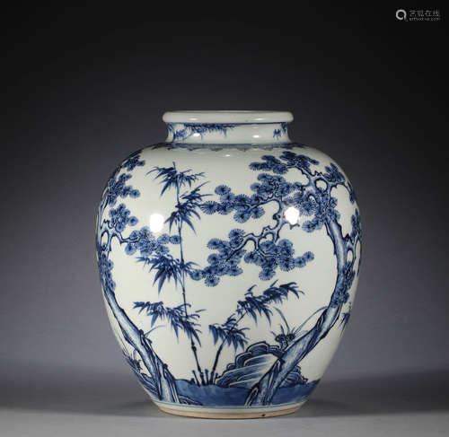 Qing Dynasty, blue and white pine, bamboo and plum pot