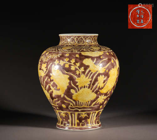 Ming Dynasty, red Rehmannia yellow glazed pot with fish and ...