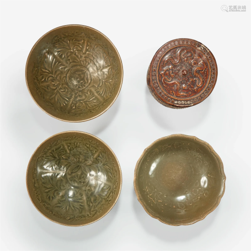 Group of three Vietnamese molded bowls and a molded box and ...
