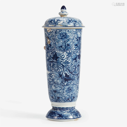 A Chinese blue and white porcelain beaker vase and cover Kan...