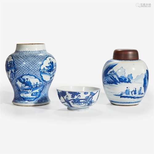 Two Chinese blue and white porcelain jars and one bowl Kangx...