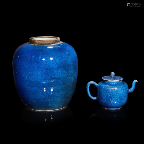 A Chinese powder-blue glazed teapot and cover and an ovoid j...
