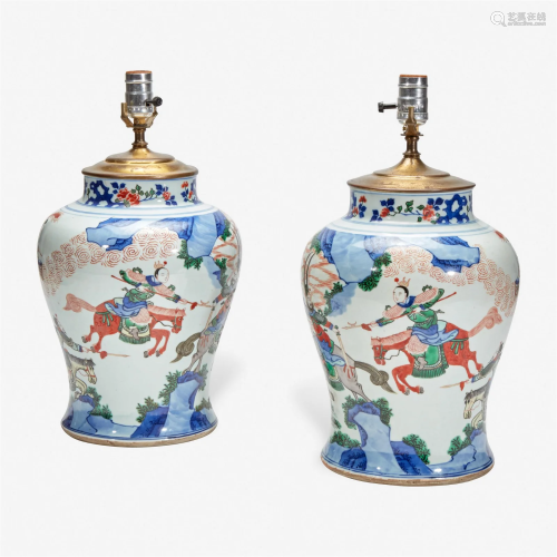 A pair of large Chinese wucai-decorated porcelain jars, moun...
