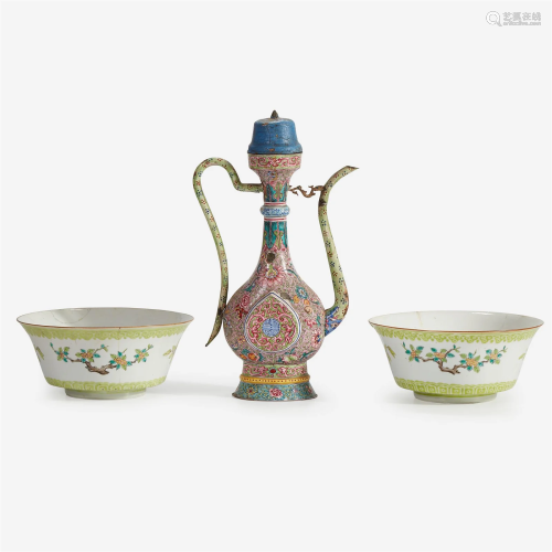 A Chinese enameled copper ewer and a pair of enameled porcel...