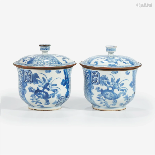A pair of Chinese blue and white jars and covers Qing dynast...
