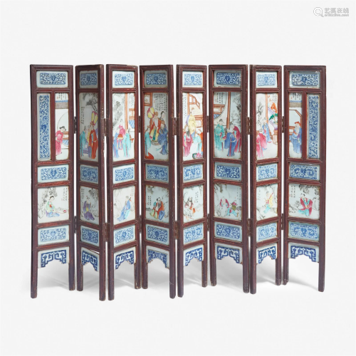 A Chinese famille rose-porcelain mounted eight-panel screen