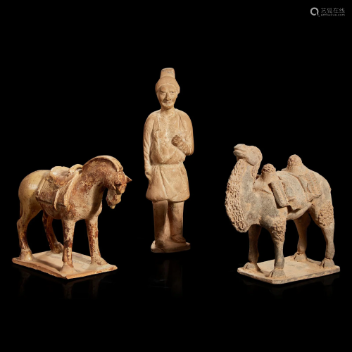 Three Chinese pottery figures of an attendant, a horse and a...