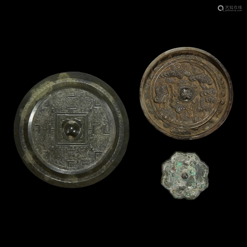 Three Chinese and Japanese bronze mirrors Tang dynasty and l...