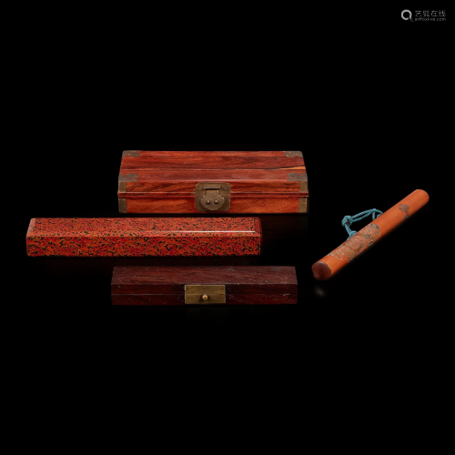 Four assorted Chinese and Japanese wood, lacquer and bamboo ...