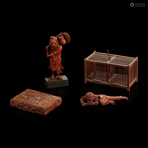 Two carved boxwood figures, a sandalwood case, and a bamboo ...
