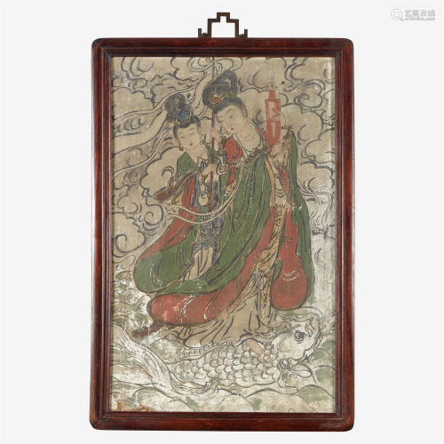 A Chinese fresco panel depicting celestial beings on a "...