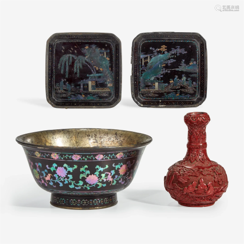 A Chinese “Lac Burgaute" bowl and two dishes, and a sma...