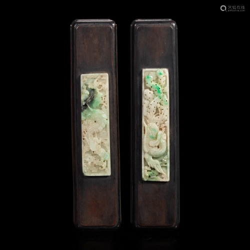 A pair of Chinese jadeite and hardwood scroll weights