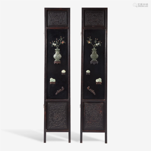 A pair of Chinese jade and hardstone embellished wood panels
