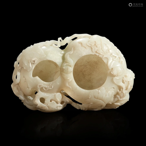 A Chinese carved white jade double-gourd washer with wood st...