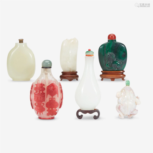 Group of five Chinese snuff bottles and a jade carving