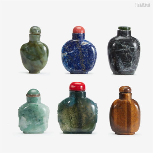 An assorted group of six Chinese hardstone snuff bottles