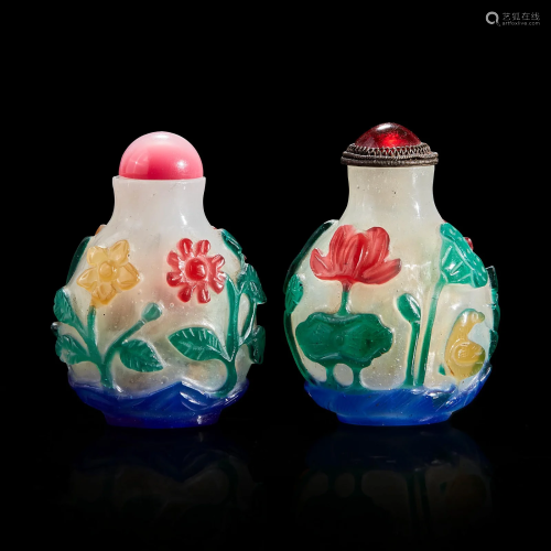 Two Chinese glass four-color overlay snuff bottles