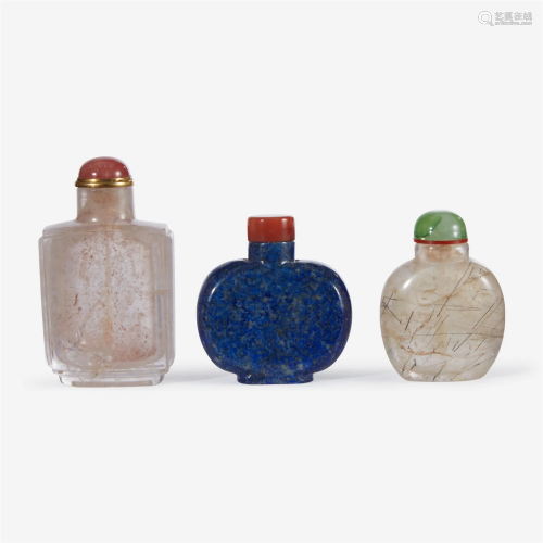 Two Chinese rock crystal snuff bottles and one lapis lazuli ...