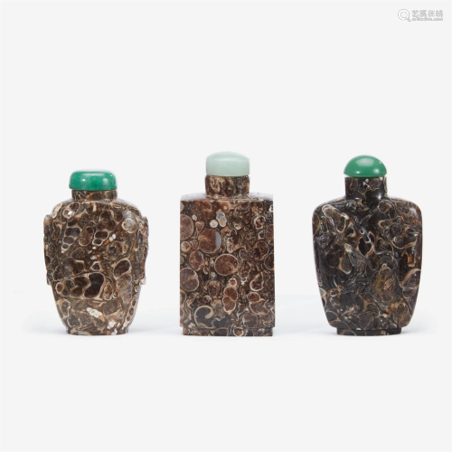 Three Chinese fossiliferous limestone snuff bottles