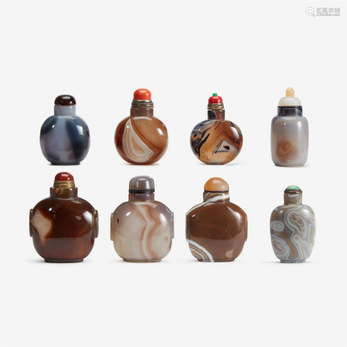 An assorted group of eight Chinese agate snuff bottles
