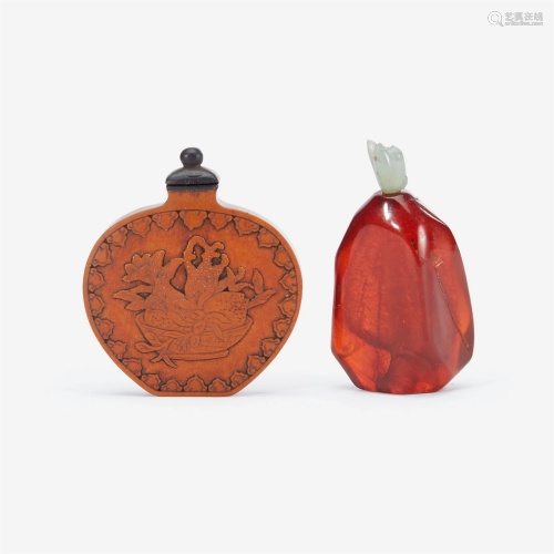 One Chinese bamboo veneer and one amber snuff bottle