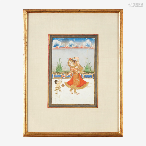 An Indian miniature painting depicting a woman and child pla...