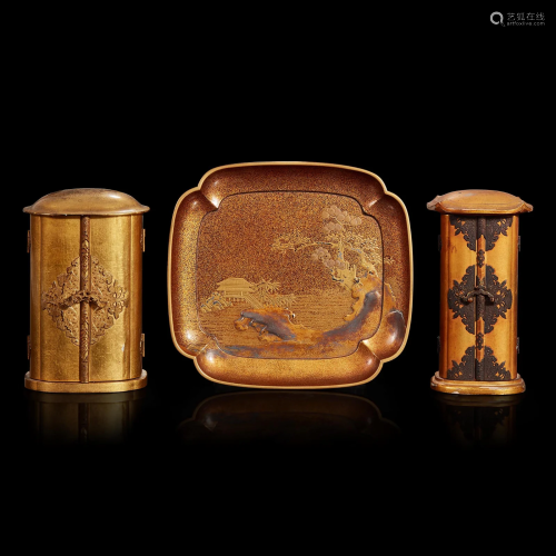 Two Japanese gilt-lacquer zushi shrines and a lacquer dish