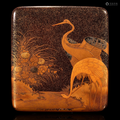 A Japanese lacquer "Cranes and Dogs" writing box E...
