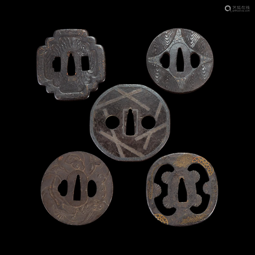 Group of ten Japanese inlaid iron tsuba Edo period or earlie...