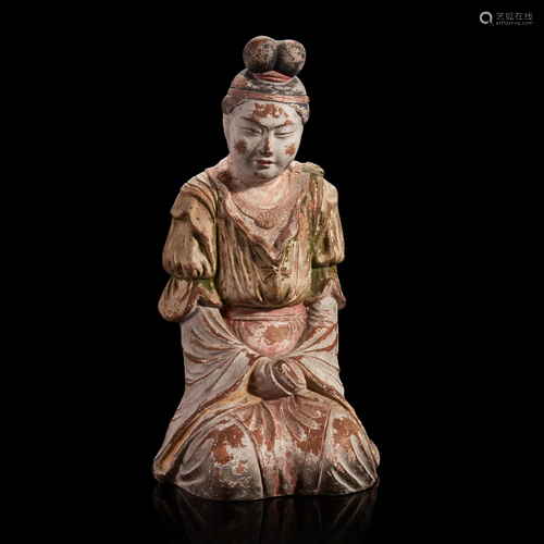 A Japanese painted pottery figure of a female attendant