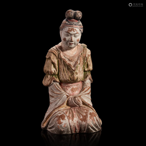 A Japanese painted pottery figure of a female attendant