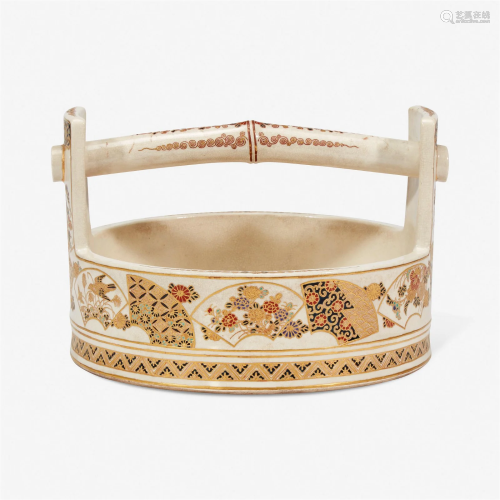 A large Japanese bucket-form enameled Satsuma pottery vessel...