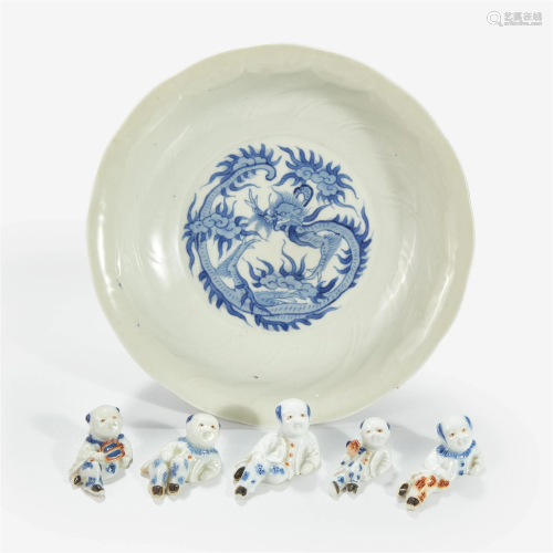 Five Hirado porcelain small figures of boys and a Nabeshima ...