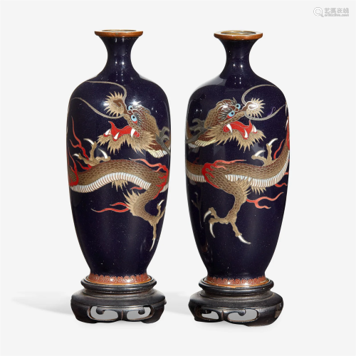 A pair of Japanese miniature "Dragon" cloisonné va...