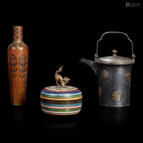 A Japanese mixed-metal vase, a small silver ewer, and a stri...
